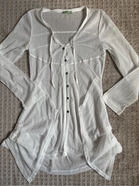 Dolcezza White Sheer Button Front Long Sleeve Tunic Top Tie Neck Lightweight